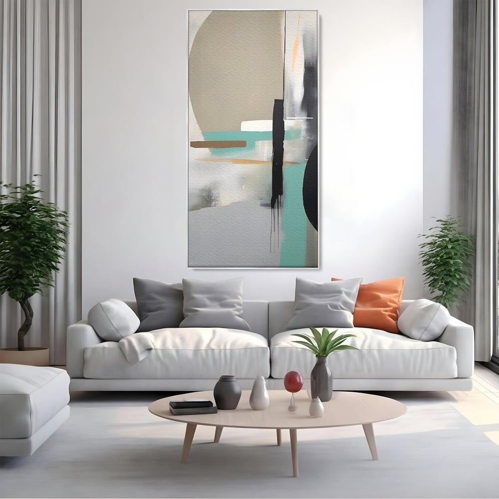 Tablou canvas cu tablou canvas cu forme abstracte, in rama de aluminiu argintiu, pe perete intr-un living